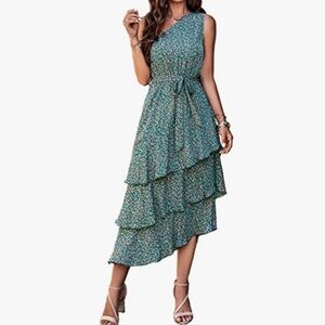 Asymmetrical Floral Green Dress